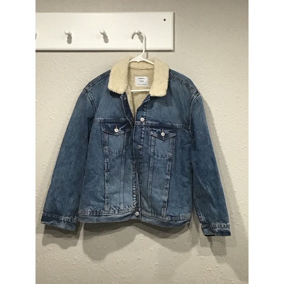 Old Navy Oversized Sherpa-Lined Boyfriend Jean Jacket Women's M Denim Cozy Coat - Picture 4 of 8